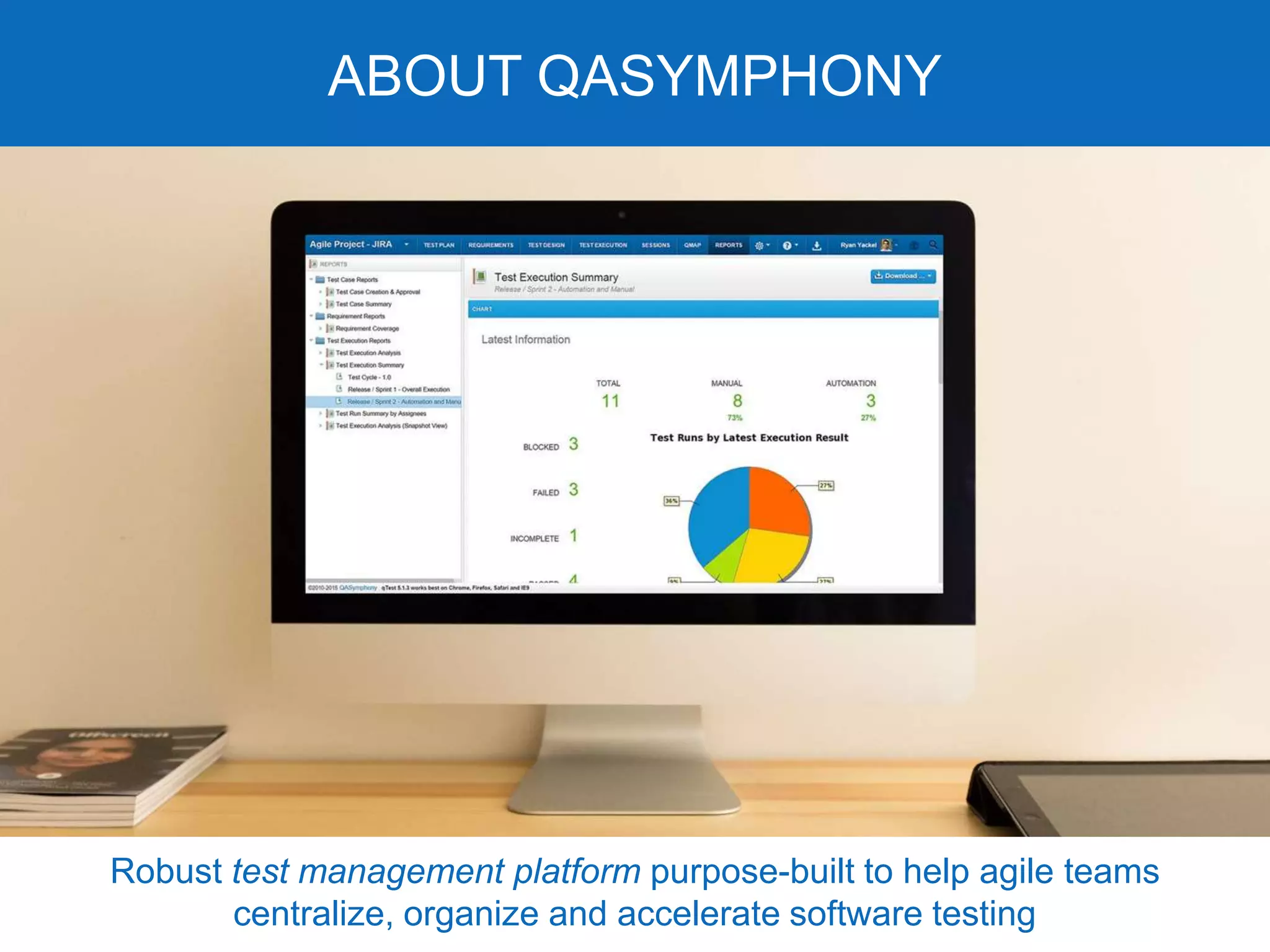 Robust test management platform purpose-built to help agile teams
centralize, organize and accelerate software testing
ABOUT QASYMPHONY
 