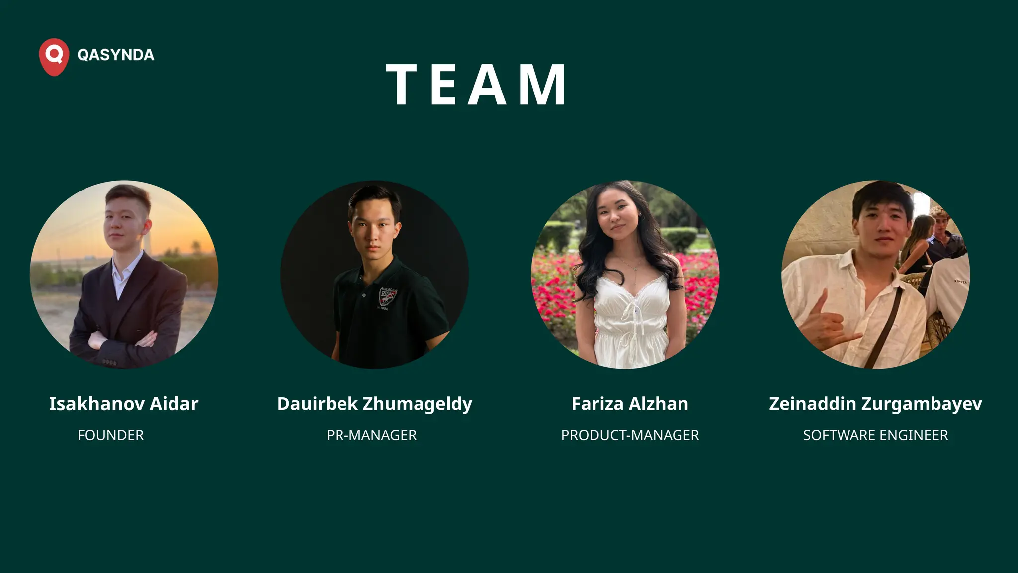 Dauirbek Zhumageldy Fariza Alzhan Zeinaddin Zurgambayev
T E A M
PRODUCT-MANAGER
PR-MANAGER
FOUNDER SOFTWARE ENGINEER
Isakhanov Aidar
 