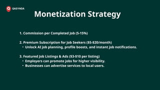 Monetization Strategy
1. Commission per Completed Job (5-15%)
2. Premium Subscription for Job Seekers ($5-$20/month)
• Unlock AI job planning, profile boosts, and instant job notifications.
3. Featured Job Listings & Ads ($3-$10 per listing)
• Employers can promote jobs for higher visibility.
• Businesses can advertise services to local users.
 