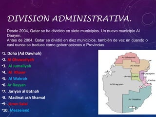 DIVISION ADMINISTRATIVA.
Desde 2004, Qatar se ha dividido en siete municipios. Un nuevo municipio Al
Daayen.
Antes de 2004, Qatar se dividió en diez municipios, también de vez en cuando o
casi nunca se traduce como gobernaciones o Provincias

•1. Doha (Ad Dawhah)
•2. Al Ghuwariyah
•3. Al Jumaliyah
•4. Al Khawr
•5. Al Wakrah
•6. Ar Rayyan
•7. Jariyan al Batnah
•8. Madinat ash Shamal
•9. Umm Salal
•10. Mesaeieed

 