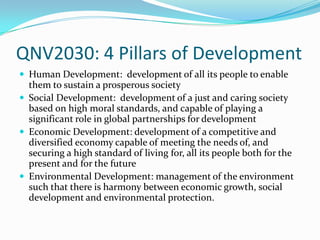 QNV2030: 4 Pillars of Development
 Human Development: development of all its people to enable
  them to sustain a prosperous society
 Social Development: development of a just and caring society
  based on high moral standards, and capable of playing a
  significant role in global partnerships for development
 Economic Development: development of a competitive and
  diversified economy capable of meeting the needs of, and
  securing a high standard of living for, all its people both for the
  present and for the future
 Environmental Development: management of the environment
  such that there is harmony between economic growth, social
  development and environmental protection.
 