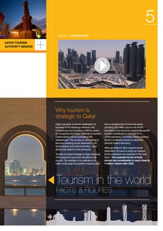 5
QATAr – “CountrywiDe”

QAtAr tourism
Authority mission

Why tourism is
strategic to Qatar
Qatar has been a premier destination for
business in the Meetings Initiatives and
Conferences and Exhibitions (MICE) sector
for a long time; the Qatar National Convention
Centre being a prime example of this
achievement. The country is now looking to
become a leading tourist destination – for
family, leisure and cultural activities – and
attract new visitors to the peninsula.
Tourism is indeed strategic to Qatar because
of its social and economic benefits for the
country. Our ambition is to replicate on a
nation-wide scale the positive impact tourism

has on employment (a booming sector
providing 255 million jobs for the World
population) and economic sustainable growth
(tourism contributes on average 9.1%
to the economy). For these various reasons,
tourism is without a doubt an ideal fit to
diversify Qatar’s economy.
Although Qatar is still a nascent tourist
destination, its future is bright as massive
tourist projections are expected in the near
future. the projected tourist arrivals
should rise considerably to reach close to
7-million visitors after 2030.

Tourism in the world
FACTS & FIGURES

 