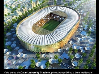 Vista aérea do Catar University Stadium, projectado próximo a área residencial
 