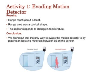 Activity 1: Evading Motion
Detector
Results:
 Range reach about 5.5feet.
 Range area was a conical shape.
 The sensor responds to change in temperature.
Conclusion:
 We found out that the only way to evade the motion detector is by
placing an isolating materials between us an the sensor.
 