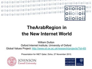TheArabRegion in
             the New Internet World
                             William Dutton
            Oxford Internet Institute, University of Oxford
Global Values Project: http://www.oii.ox.ac.uk/research/projects/?id=65

             Presentation for INET Qatar, Doha, 27 November 2012.
 