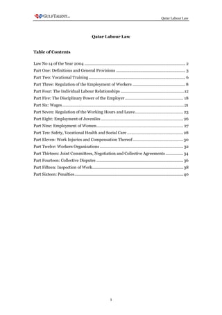 Qatar Labour Law




                                                Qatar Labour Law


Table of Contents

Law No 14 of the Year 2004 ............................................................................................ 2
Part One: Definitions and General Provisions ............................................................... 3
Part Two: Vocational Training ........................................................................................ 6
Part Three: Regulation of the Employment of Workers ................................................ 8
Part Four: The Individual Labour Relationships ..........................................................12
Part Five: The Disciplinary Power of the Employer ..................................................... 18
Part Six: Wages ...............................................................................................................21
Part Seven: Regulation of the Working Hours and Leave............................................ 23
Part Eight: Employment of Juveniles ........................................................................... 26
Part Nine: Employment of Women............................................................................... 27
Part Ten: Safety, Vocational Health and Social Care ................................................... 28
Part Eleven: Work Injuries and Compensation Thereof .............................................. 30
Part Twelve: Workers Organizations ............................................................................ 32
Part Thirteen: Joint Committees, Negotiation and Collective Agreements ................ 34
Part Fourteen: Collective Disputes ............................................................................... 36
Part Fifteen: Inspection of Work................................................................................... 38
Part Sixteen: Penalties................................................................................................... 40




                                                               1
 