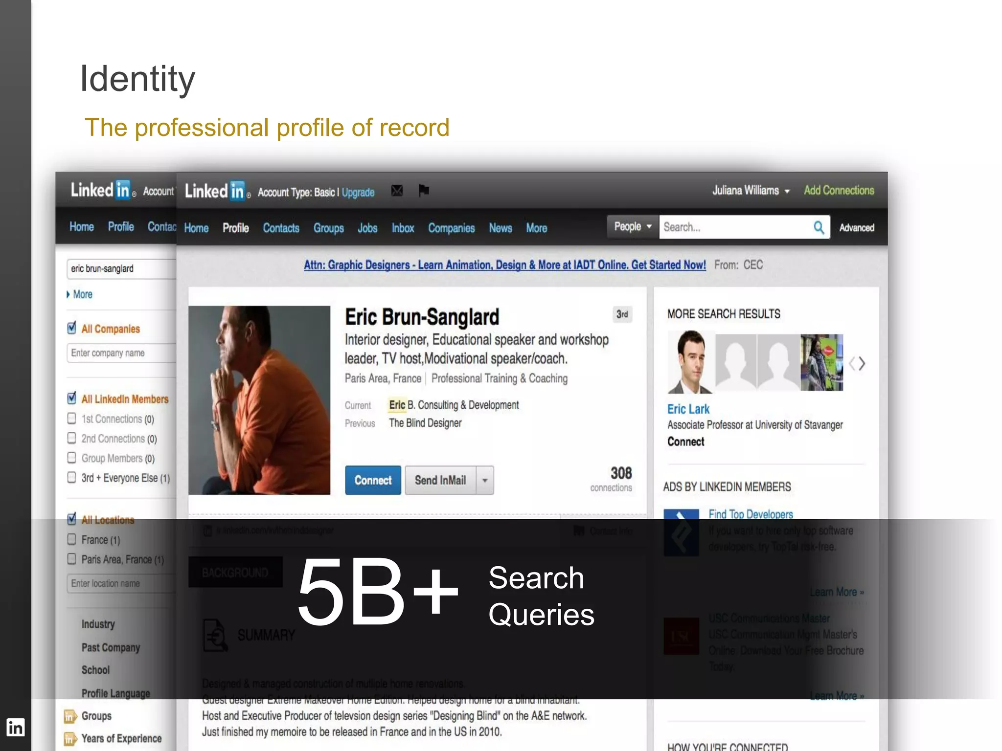 Identity
The professional profile of record




                   5B+               Search
                                     Queries
 