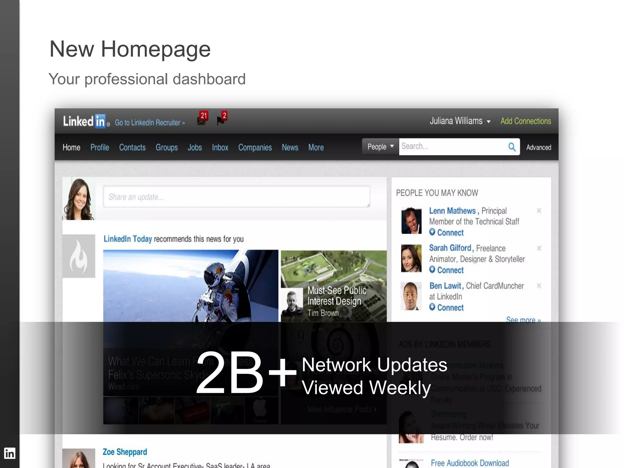 New Homepage
Your professional dashboard




                   2B+        Network Updates
                              Viewed Weekly
 