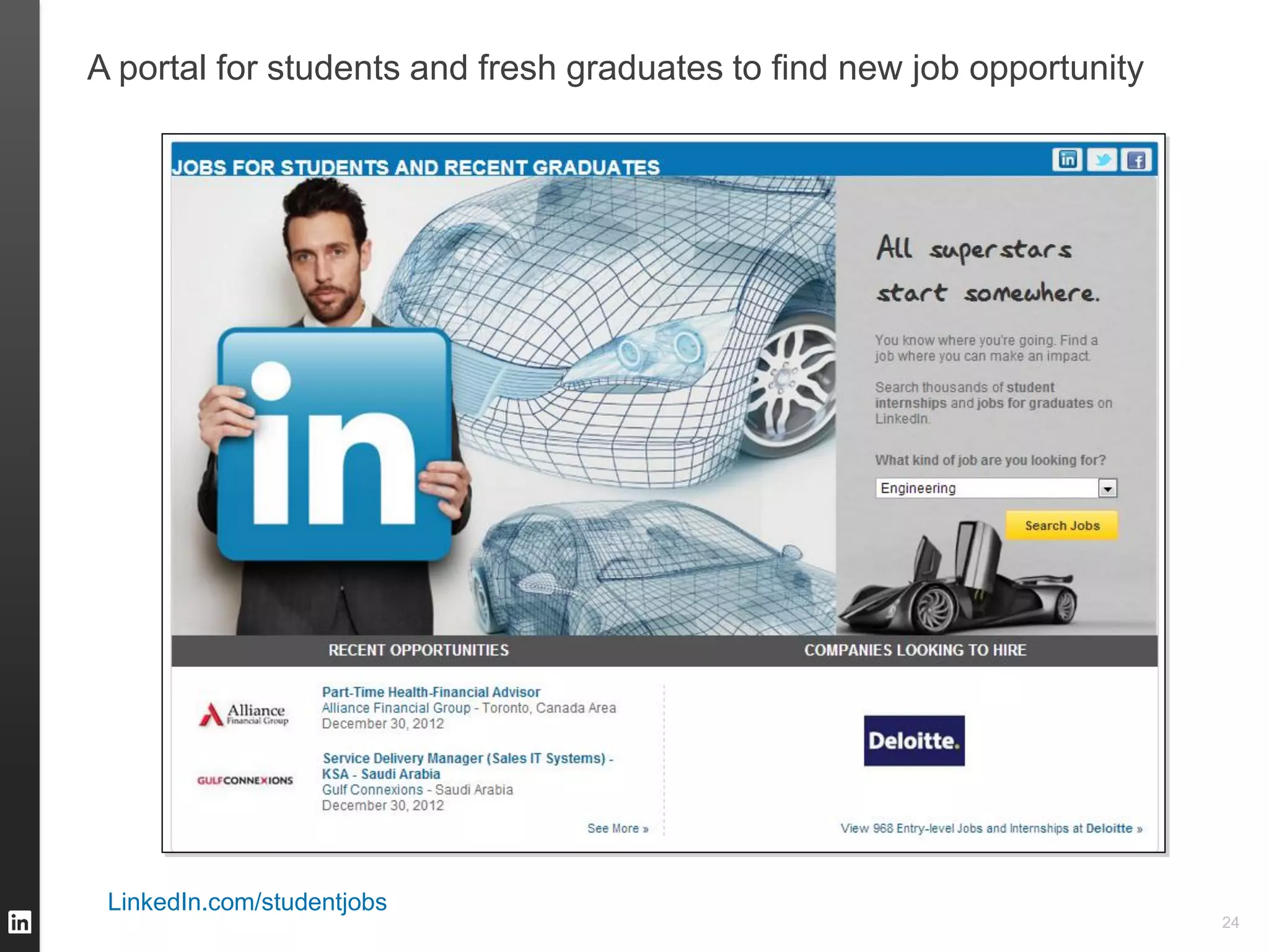 A portal for students and fresh graduates to find new job opportunity




 LinkedIn.com/studentjobs
                                                                        24
 