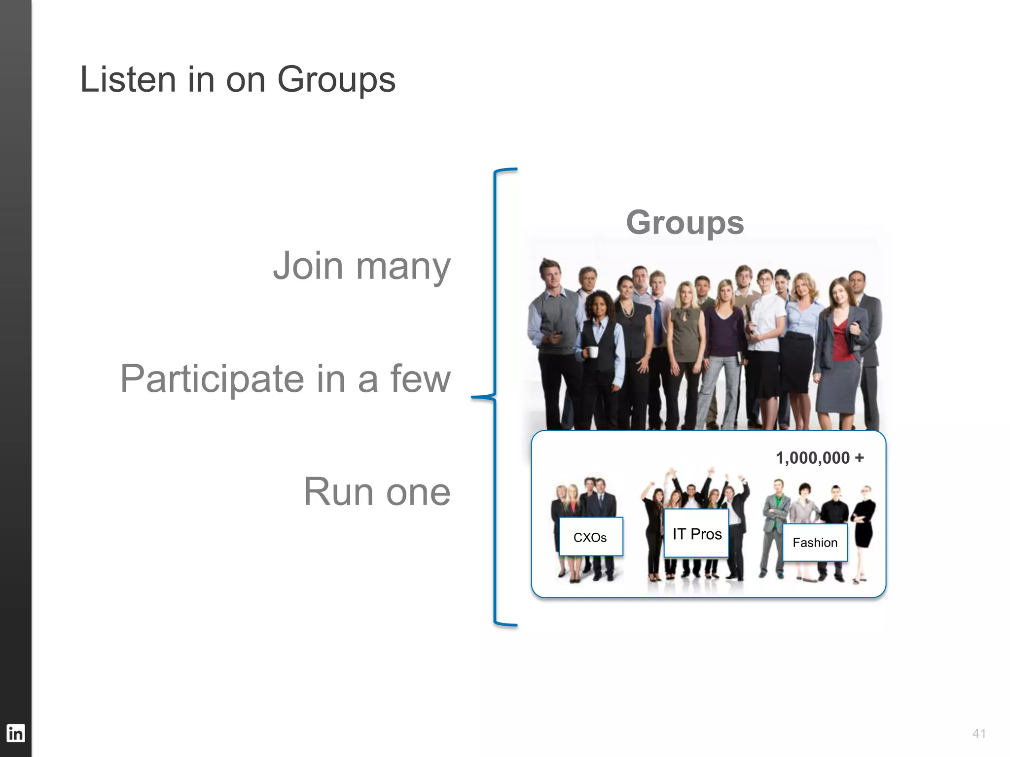 Listen in on Groups


                                Groups
           Join many

  Participate in a few
                                            1,000,000 +

             Run one
                         CXOs     IT Pros     Fashion




                                                          41
 