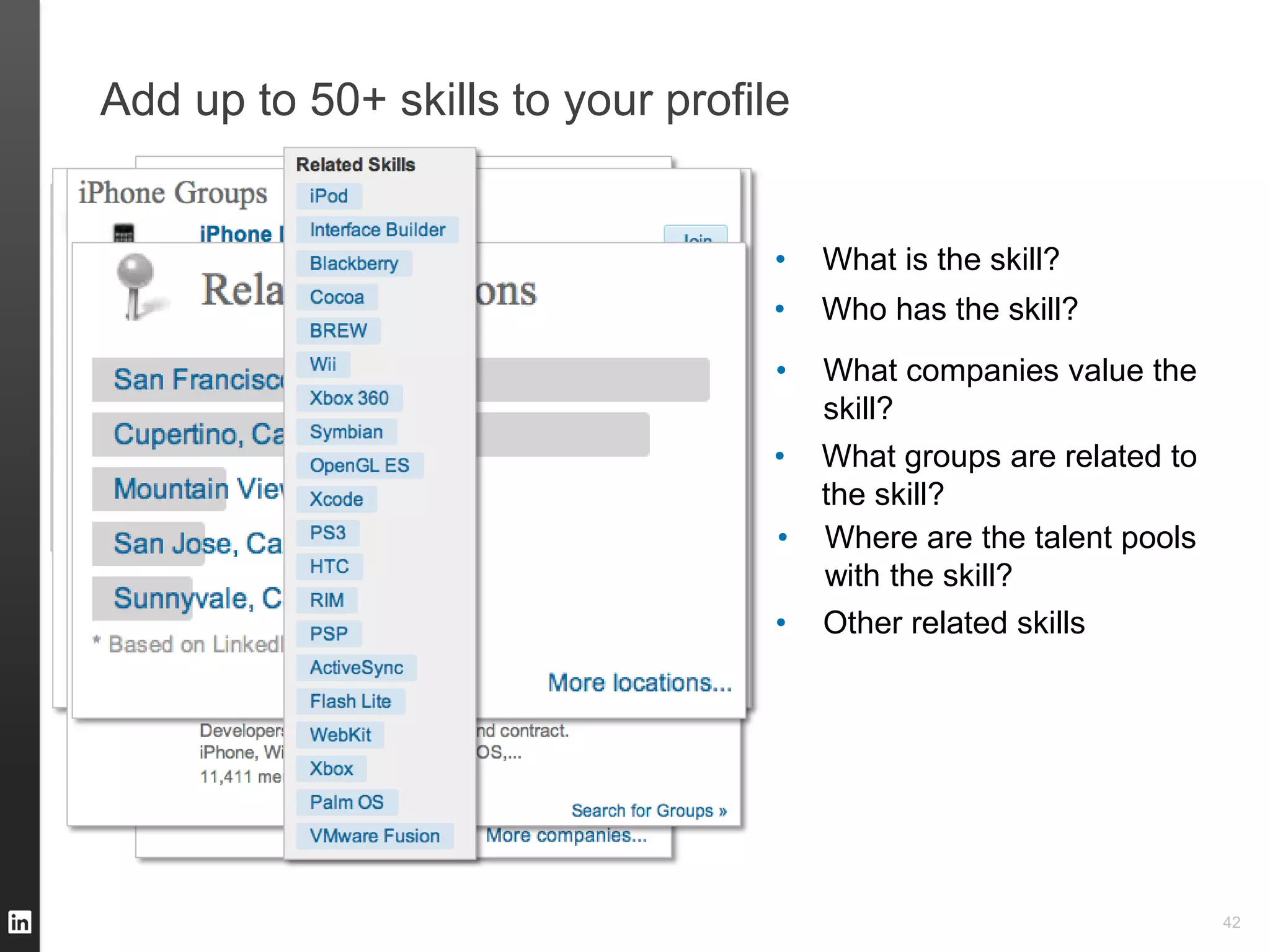 Add up to 50+ skills to your profile


                                   •   What is the skill?
                                   •   Who has the skill?
                                   •   What companies value the
                                       skill?
                                   •   What groups are related to
                                       the skill?
                                   •   Where are the talent pools
                                       with the skill?
                                   •   Other related skills




                                                                    42
 