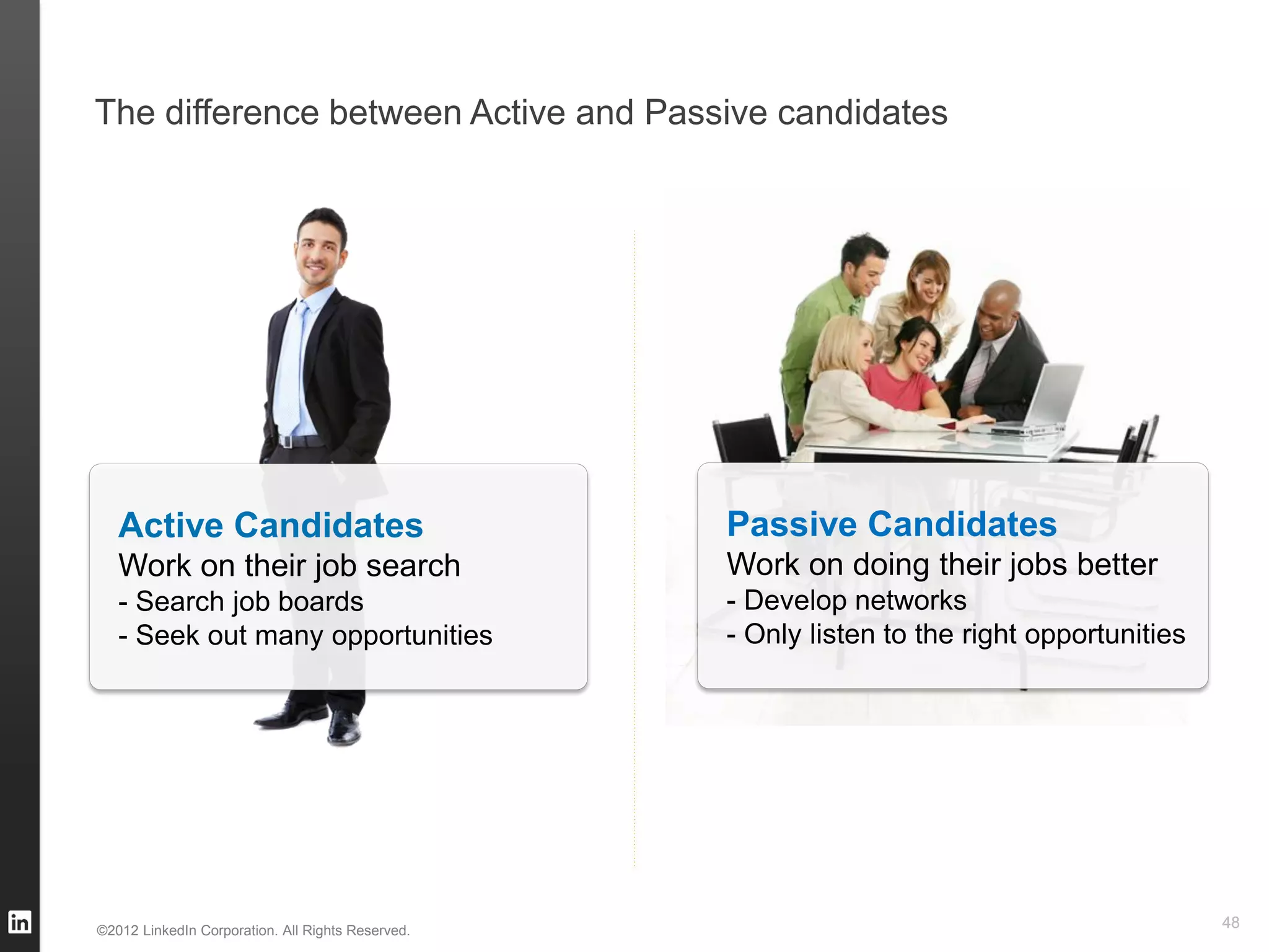 The difference between Active and Passive candidates




   Active Candidates                               Passive Candidates
   Work on their job search                        Work on doing their jobs better
   - Search job boards                             - Develop networks
   - Seek out many opportunities                   - Only listen to the right opportunities




©2012 LinkedIn Corporation. All Rights Reserved.
                                                                                              48
 