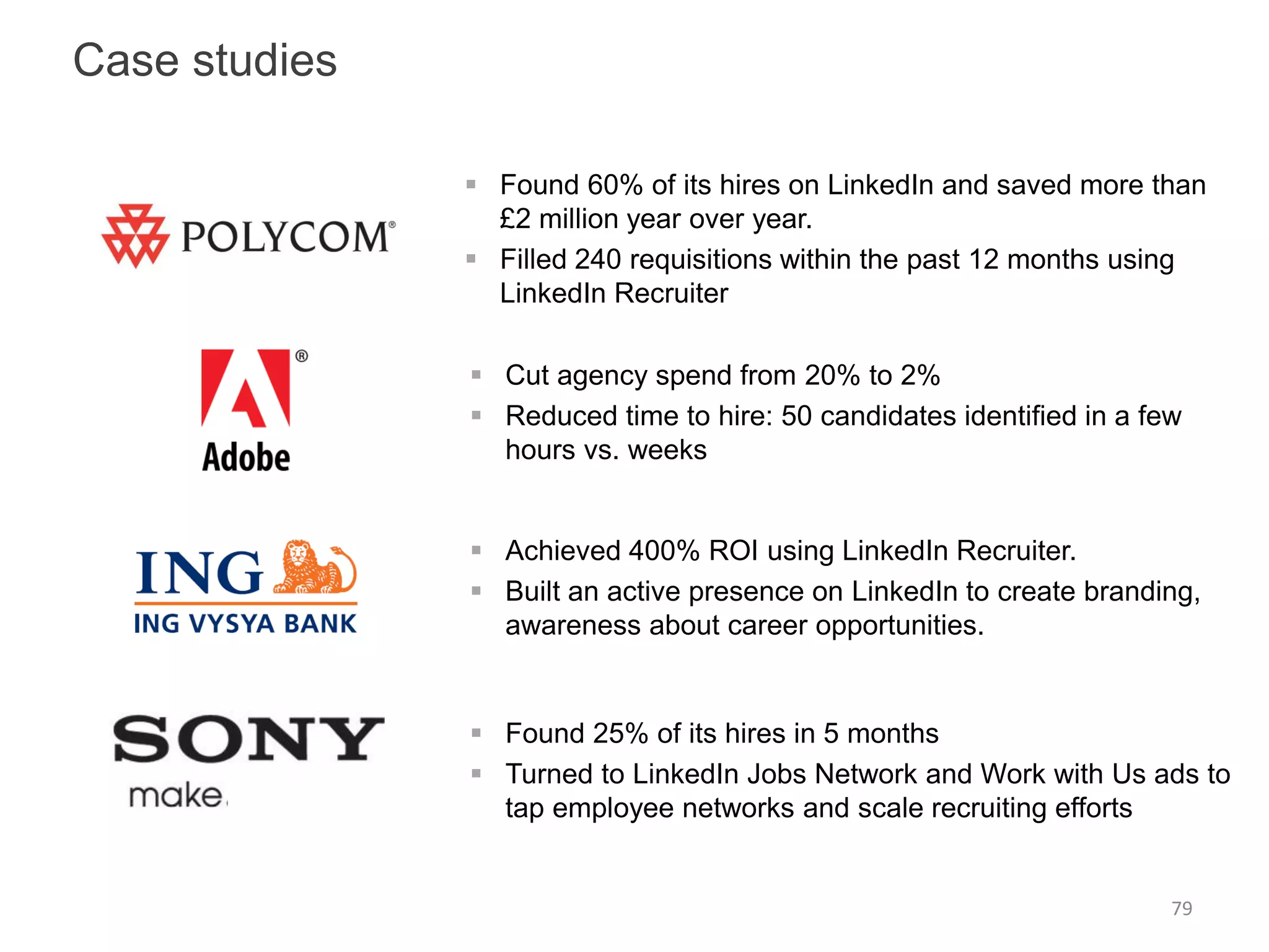 Case studies

                Found 60% of its hires on LinkedIn and saved more than
                 £2 million year over year.
                Filled 240 requisitions within the past 12 months using
                 LinkedIn Recruiter

                Cut agency spend from 20% to 2%
                Reduced time to hire: 50 candidates identified in a few
                 hours vs. weeks


                Achieved 400% ROI using LinkedIn Recruiter.
                Built an active presence on LinkedIn to create branding,
                 awareness about career opportunities.


                Found 25% of its hires in 5 months
                Turned to LinkedIn Jobs Network and Work with Us ads to
                 tap employee networks and scale recruiting efforts


                                                                       79
 