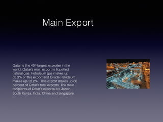 Main Export
Qatar is the 45th largest exporter in the
world. Qatar’s main export is liqueﬁed
natural gas. Petroleum gas makes up
53.3% or this export and Crude Petroleum
makes up 23.2%. This export makes up 60
percent of Qatar’s total exports. The main
recipients of Qatar’s exports are Japan,
South Korea, India, China and Singapore.
 