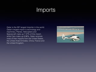Imports
Qatar is the 59th largest importer in the world.
Qatar’s largest import is technology and
machinery. Planes, Helicopters and
Spacecraft make up 7.37% of this import,
while Cars make up 6.96%. Qatar receives
most of their imports from the United States,
the United Arab Emirates, China, France and
the United Kingdom.
 