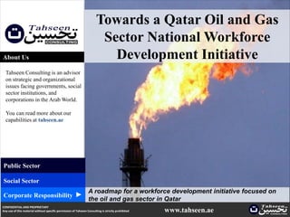 Towards a Qatar Oil and Gas
                                                                        Sector National Workforce
About Us                                                                  Development Initiative
  Tahseen Consulting is an advisor
  on strategic and organizational
  issues facing governments, social
  sector institutions, and
  corporations in the Arab World.

  You can read more about our
  capabilities at tahseen.ae




Public Sector

Social Sector
                                                                 A roadmap for a workforce development initiative focused on
                                                       ▲




Corporate Responsibility
                                                                 the oil and gas sector in Qatar
CONFIDENTIAL AND PROPRIETARY
Any use of this material without specific permission of Tahseen Consulting is strictly prohibited   www.tahseen.ae      | 1
 