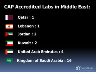 CAP Accredited Labs in Middle East:

     Qatar : 1

     Lebanon : 1

     Jordan : 2

     Kuwait : 2

     United Arab Emirates : 4

     Kingdom of Saudi Arabia : 16
 