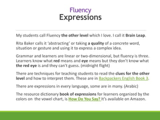 Fluency
Expressions
My students call Fluency the other level which I love. I call it Brain Leap.
Rita Baker calls it ‘abstracting’ or taking a quality of a concrete word,
situation or gesture and using it to express a complex idea.
Grammar and learners are linear or two-dimensional, but fluency is three.
Learners know what red means and eye means but they don’t know what
the red eye is and they can’t guess. (midnight flight)
There are techniques for teaching students to read the clues for the other
level and how to interpret them. These are in Backpackers English Book 3.
There are expressions in every language, some are in many. (Arabic)
The resource dictionary book of expressions for learners organized by the
colors on the vowel chart, is How Do You Say? It’s available on Amazon.
 