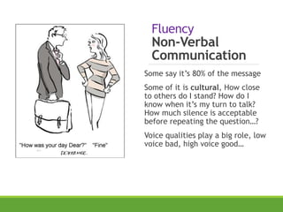 Fluency
Non-Verbal
Communication
Some say it’s 80% of the message
Some of it is cultural, How close
to others do I stand? How do I
know when it’s my turn to talk?
How much silence is acceptable
before repeating the question…?
Voice qualities play a big role, low
voice bad, high voice good…
 