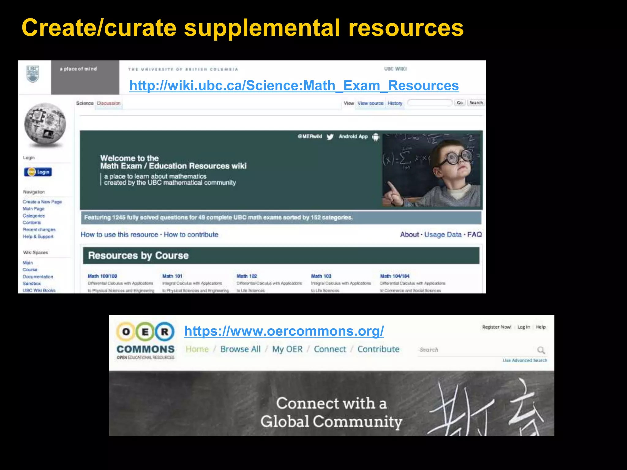 Create/curate supplemental resources 
http://wiki.ubc.ca/Science:Math_Exam_Resources 
https://www.oercommons.org/ 
 