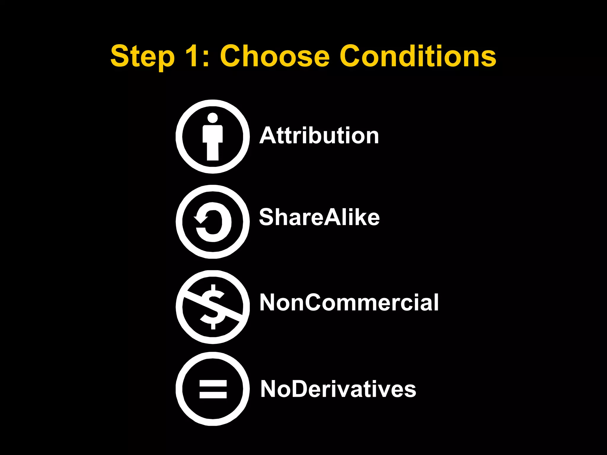 Step 1: Choose Conditions 
Attribution 
ShareAlike 
NonCommercial 
NoDerivatives 
 