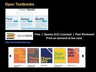 Open Textbooks 
http://open.bccampus.ca 
http://www.openstax.org 
Free | Openly (CC) Licensed | Peer Reviewed 
Print on demand at low cost. 
 