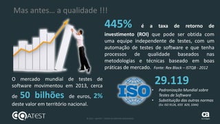 12 © 2015 – QATEST – TODOS OS DIREITOS RESERVADOS tecnologies
445% é a taxa de retorno de
investimento (ROI) que pode ser obtida com
uma equipe independente de testes, com um
automação de testes de software e que tenha
processos de qualidade baseados nas
metodologias e técnicas baseado em boas
práticas de mercado. Fonte: Rex Black – ISTQB - 2012
29.119
• Padronização Mundial sobre
Testes de Software
• Substituição das outras normas
(Ex: ISO 9126, IEEE 829, 1044)
O mercado mundial de testes de
software movimentou em 2013, cerca
de 50 bilhões de euros, 2%
deste valor em território nacional.
Mas antes… a qualidade !!!
 