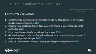 24 © 2015 – QATEST – TODOS OS DIREITOS RESERVADOS tecnologies
2013: O que indicavam as pesquisas?
5 PRINCIPAIS OBSTÁCULOS
1. Complexidade-Organizacional : muitas pessoas ou departamentos envolvidos,
muitas interdependências. 35%
2. Papéis e Responsabilidades em todo desenvolvimento e Operações não estão
alinhados. 28%
3. Preocupações com Conformidade ou Segurança. 25%
4. A falta de compreensão das fases de todo o ciclo de desenvolvimento e quem é
responsável por qual etapa. 24%
5. Falta de clareza no Orçamento sobre quem é responsável pelo que. 24%
Pesquisa realizada pelo Vanson Bourne
Mai a Jul/2013
 