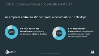 27 © 2015 – QATEST – TODOS OS DIREITOS RESERVADOS tecnologies
2014: Como evoluiu a adoção do DevOps?
As empresas não questionam mais a necessidade do DevOps:
Um total de 88% dos
entrevistados já adotaram
ou planejam adotar o DevOps
63% dos principais
investimentos são aplicados
na contratação de novos
recursos qualificados
88% 63%
 