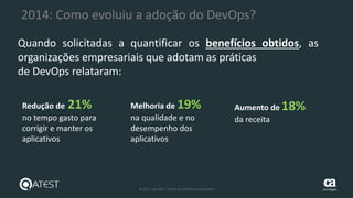29 © 2015 – QATEST – TODOS OS DIREITOS RESERVADOS tecnologies
2014: Como evoluiu a adoção do DevOps?
Quando solicitadas a quantificar os benefícios obtidos, as
organizações empresariais que adotam as práticas
de DevOps relataram:
Redução de 21%
no tempo gasto para
corrigir e manter os
aplicativos
Melhoria de 19%
na qualidade e no
desempenho dos
aplicativos
Aumento de 18%
da receita
 