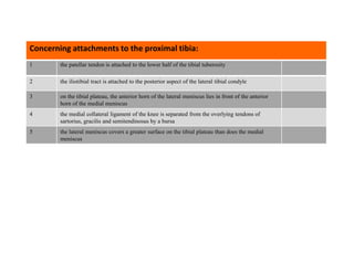 1 the patellar tendon is attached to the lower half of the tibial tuberosity
2 the iliotibial tract is attached to the posterior aspect of the lateral tibial condyle
3 on the tibial plateau, the anterior horn of the lateral meniscus lies in front of the anterior
horn of the medial meniscus
4 the medial collateral ligament of the knee is separated from the overlying tendons of
sartorius, gracilis and semitendinosus by a bursa
5 the lateral meniscus covers a greater surface on the tibial plateau than does the medial
meniscus
Concerning attachments to the proximal tibia:
 