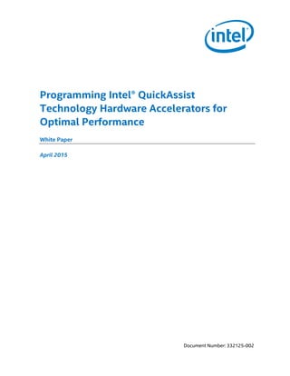 Programming Intel® QuickAssist
Technology Hardware Accelerators for
Optimal Performance
White Paper
April 2015
Document Number: 332125-002
 