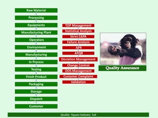 Raw Material

    Processing

    Equipments           TOP Management

Manufacturing Plant      Statistical Analysis
                             Strict CAPA
     Operators
                          Failure Analysis
   Environment                   APR
  Manufacturing                 APQR
                      Deviation Management
    In Process
                           Change Control
      Testing            OOS Management
  Finish Product        Customer Complaint
                             Validation
    Packaging

     Storage

     Dispatch

     Customer

                      Quality Square Industry Ltd
 