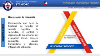 Carrera: Tecnología en Emergencias Medicas
GENERALIDADES Tec Avanzadas en emergencias y desastres
Operaciones de respuesta
Componente que tiene la
finalidad de brindar el
soporte logístico, la
seguridad, el control y
vigilancia de las acciones de
evaluación inicial, primera
respuesta, ayuda
humanitaria y atención
integral a la población.
 