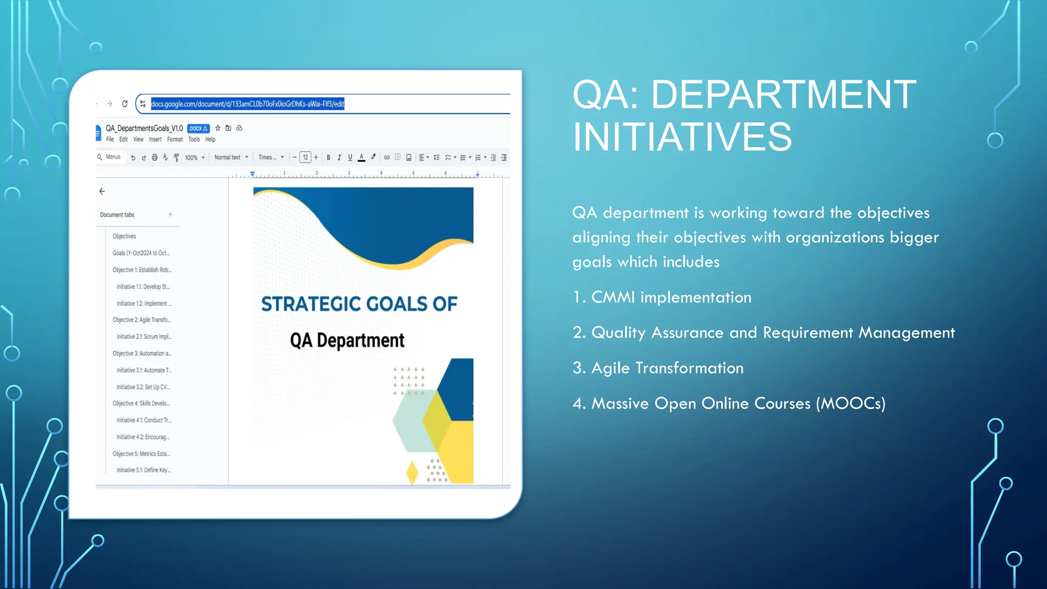 QA: DEPARTMENT
INITIATIVES
QA department is working toward the objectives
aligning their objectives with organizations bigger
goals which includes
1. CMMI implementation
2. Quality Assurance and Requirement Management
3. Agile Transformation
4. Massive Open Online Courses (MOOCs)
 