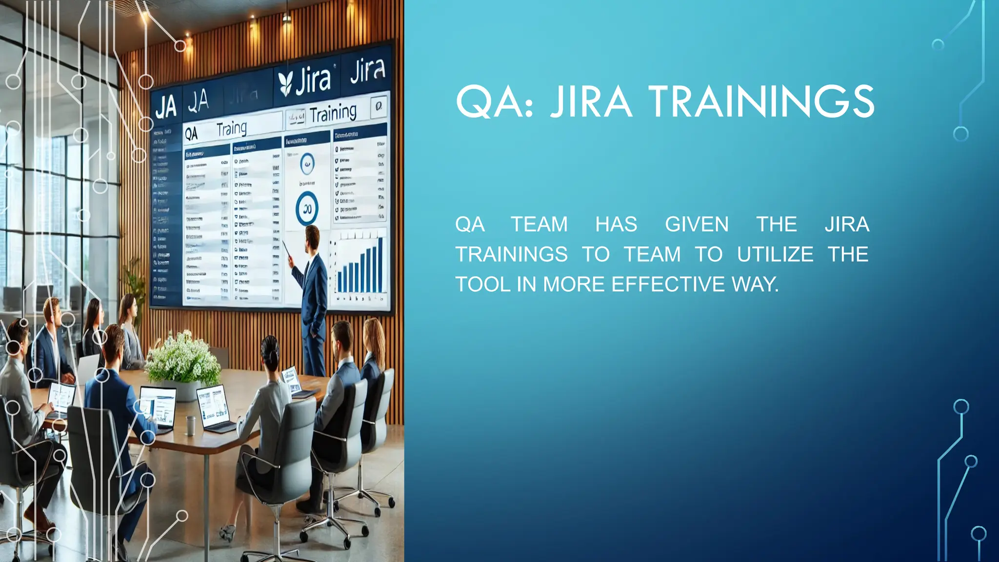 QA: JIRA TRAININGS
QA TEAM HAS GIVEN THE JIRA
TRAININGS TO TEAM TO UTILIZE THE
TOOL IN MORE EFFECTIVE WAY.
 