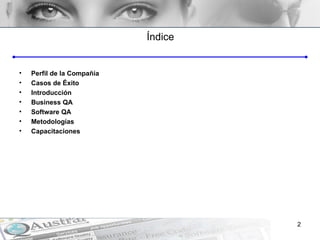 Índice Perfil de la Compañía Casos de Éxito Introducción Business QA Software QA Metodologías Capacitaciones 