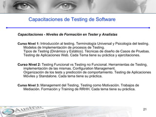 Capacitaciones de Testing de Software Capacitaciones - Niveles de Formación   en Tester y Analistas Curso Nivel 1:  Introducción al testing. Terminología Universal y Psicología del testing. Modelos de Implementación de procesos de Testing. Tipos de Testing (Dinámico y Estático). Técnicas de diseño de Casos de Pruebas. Testing de Aplicaciones Web. Cada Tema tiene su práctica y ejercitaciones. Curso Nivel 2:   Testing Funcional vs Testing no Funcional. Herramientas de Testing, implementación de las mismas. Configuration Management. Organización de los tests y predicción de comportamiento. Testing de Aplicaciones Móviles y Standalone. Cada tema tiene su práctica. Curso Nivel 3:  Management del Testing. Testing como Motivación. Trabajos de Mediación. Formación y Training de RRHH. Cada tema tiene su práctica. 