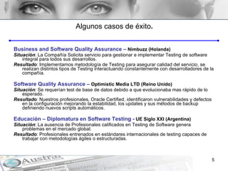 Algunos casos de éxito . Business and Software Quality Assurance –   Nimbuzz (Holanda) Situación :  La Compañía Solicita servicio para gestionar e implementar Testing de software integral para todos sus desarrollos. Resultado :  Implementamos metodología de Testing para asegurar calidad del servicio, se realizan distintos tipos de Testing interactuando constantemente con desarrolladores de la compañía. Software Quality Assurance –   Optimistic Media   LTD (Reino Unido) Situación :  Se requerían test de base de datos debido a que evolucionaba mas rápido de lo esperado. Resultado : Nuestros profesionales, Oracle Certified, identificaron vulnerabilidades y defectos en la configuración mejorando la estabilidad, los updates y sus métodos de backup definiendo nuevos scripts automáticos.  Educación – Diplomatura en Software Testing -   UE Siglo XXI (Argentina) Situación : La ausencia de Profesionales calificados en Testing de Software genera problemas en el mercado global. Resultado : Profesionales entrenados en estándares internacionales de testing capaces de trabajar con metodologías ágiles o estructuradas. 