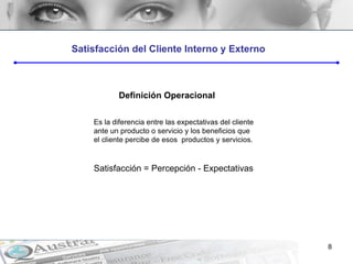 Satisfacción del Cliente Interno y Externo Definición Operacional Es la diferencia entre las expectativas del cliente ante un producto o servicio y los beneficios que el cliente percibe de esos  productos y servicios. Satisfacción = Percepción - Expectativas 
