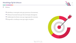 11MetodologiaÁgildeSoftware
 Valores:
 Indivíduos e interações mais que processos e ferramentas;
 Software funcional mais que documentação abrangente;
 Colaboração do cliente mais que negociação de contratos;
 Responder a mudanças maisque seguir umplano
 