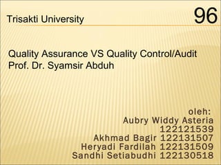 Trisakti University 96 
Quality Assurance VS Quality Control/Audit 
Prof. Dr. Syamsir Abduh 
oleh: 
Aubr y Widdy Asteria 
122121539 
Akhmad Bagir 122131507 
Her yadi Fardilah 122131509 
Sandhi Setiabudhi 122130518 
 