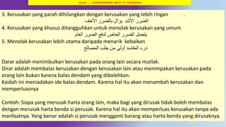15
Syarah ….. KEMUDHARATAN MESTI DI HILANGKAN
3. Kerusakan yang parah dihilangkan dengan kerusakan yang lebih ringan .
‫األخف‬ ‫بالضرر‬ ‫يزال‬ ‫األشد‬ ‫الضرر‬
4. Kerusakan yang khusus ditangguhkan untuk menolak kerusakan yang umum
‫العام‬ ‫الضرر‬ ‫لدفع‬ ‫الخاص‬ ‫الضرر‬ ‫يتحمل‬
5. Menolak kerusakan lebih utama daripada menarik kebaikan
‫المصالح‬ ‫جلب‬ ‫من‬ ‫أولى‬ ‫المفاسد‬ ‫درء‬
Darar adalah menimbulkan kerusakan pada orang lain secara mutlak.
Dirar adalah membalas kerusakan dengan kerusakan lain atau menimpakan kerusakan pada
orang lain bukan karena balas dendam yang dibolehkan.
Kaidah ini meniadakan ide balas dendam. Karena hal itu akan menambah kerusakan dan
memperluasnya
Contoh: Siapa yang merusak harta orang lain, maka bagi yang dirusak tidak boleh membalas
dengan merusak harta benda si perusak. Karena hal itu akan memperluas kerusakan tanpa ada
manfaatnya. Yang benar adalah si perusak mengganti barang atau harta benda yang dirusaknya.
 