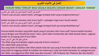 62
َِ‫ي‬ ِ‫حر‬‫د‬‫ت‬‫ال‬ ِ‫اء‬َ‫ي‬‫اْلش‬ ‫في‬ ‫أْلصل‬
‫التحريم‬ ‫على‬ ‫الدليل‬ ‫يدل‬ ‫حتى‬ ‫االباحة‬ ‫االشياء‬ ‫فى‬ ‫االصل‬
“Hukum asal sesuatu adalah boleh, sehingga terdapat bukti yang mengharamkannya”.
Kaidah tersebut di cetuskan oleh imam Syafi’i, sedangkan bagi imam Hanafi adalah :
‫االباحة‬ ‫على‬ ‫الدليل‬ ‫يدل‬ ‫حتى‬ ‫التحريم‬ ‫االشياء‬ ‫فى‬ ‫االصل‬
“Hukum asal sesuatu adalah haram, sehingga terdapat bukti yg memperbolehkannya”.
Kiranya kaidah tersebut yang lebih absah yang di cetuskan oleh imam syafi’I karena kaidah tersebut
sesuai dengan asas filosofisnya tasyri’ islam, yakni tidak memberatka dan tidak banyak beban. Lagipula
kaidah itu di topang oleh firman Allah:
‫جميعا‬ ‫االرض‬ ‫مافي‬ ‫لكم‬ ‫خلق‬ ‫هوالذي‬
“Dia Allah yang menciptakan segala yang ada di bumi untukmu”.
Dan sabda Nabi yang artinya:
Apa yang telah di halalkan oleh Allah adalah halal dan apa yang di haramkan Allah adalah haram sedang
yang tidak di singgung adalah di maafkan (di makannya), maka terimalah kemaafan itu sebagai karunia
dari Allah, sesungguhnya Allah tidak lupa akan sesuatu”. (HR Al-Bazzar dan Thabrani dari abu Darda’)
HUKUM YANG TERKUAT BAGI SEGALA SESUATU (DASAR IBADAT ) ADALAH `HARAM’
 