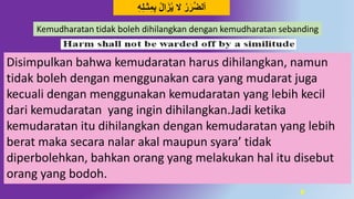 8
ِ‫ل‬‫ثـ‬ِ‫م‬ِ‫ب‬ ‫ال‬َ‫ز‬‫ي‬ ‫ال‬ ‫ر‬َ‫ر‬‫د‬‫ض‬‫أل‬ُِ
Disimpulkan bahwa kemudaratan harus dihilangkan, namun
tidak boleh dengan menggunakan cara yang mudarat juga
kecuali dengan menggunakan kemudaratan yang lebih kecil
dari kemudaratan yang ingin dihilangkan.Jadi ketika
kemudaratan itu dihilangkan dengan kemudaratan yang lebih
berat maka secara nalar akal maupun syara’ tidak
diperbolehkan, bahkan orang yang melakukan hal itu disebut
orang yang bodoh.
Kemudharatan tidak boleh dihilangkan dengan kemudharatan sebanding
 