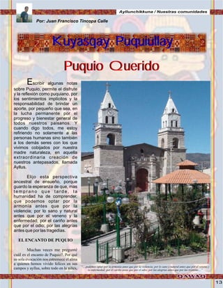 13
Kuyasqay Puquiullay
Puquio QueridoPuquio Querido
Kuyasqay Puquiullay
Por: Juan Francisco Tincopa Calle
PlazadearmaseIglesiaMatriz.Foto:JuanFranciscoTincopaCalle
“....podemos optar por la armonía antes que por la violencia; por lo sano y natural antes que por el veneno y
la enfermedad; por el cariño antes que por el odio; por las alegrías antes que por las tristezas....”
Ayllunchikkuna / Nuestras comunidades
Escribir algunas notas
sobre Puquio, permite el disfrute
y la reflexión como puquiano, por
los sentimientos implícitos y la
responsabilidad de brindar un
aporte, por pequeño que sea, en
la lucha permanente por el
progreso y bienestar general de
todos nuestros paisanos. Y
cuando digo todos, me estoy
refiriendo no solamente a las
personas humanas sino también
a los demás seres con los que
vivimos cobijados por nuestra
madre naturaleza, en aquella
extraordinaria creación de
nuestros antepasados, llamada
Ayllus.
Elijo esta perspectiva
ancestral de ensueño, porque
guardo la esperanza de que, mas
t e m p r a n o q u e t a r d e , l a
humanidad ha de comprender,
que podemos optar por la
armonía antes que por la
violencia; por lo sano y natural
antes que por el veneno y la
enfermedad; por el cariño antes
que por el odio; por las alegrías
antes que por las tragedias.
EL ENCANTO DE PUQUIO
Muchas veces me pregunté
cuál es el encanto de Puquio?. Por qué
su sola evocación nos estremece el alma
a quienes hemos vivido felices en sus
campos y ayllus, sobre todo en la niñés,
 