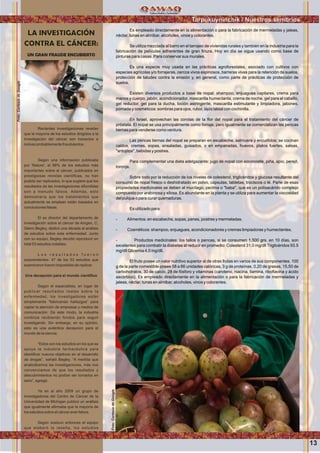 13
Wawqinchikkuna / Nuestros hermanos
Es empleado directamente en la alimentación o para la fabricación de mermeladas y jaleas,
néctar, tunas en almíbar, alcoholes, vinos y colorantes.
Se utiliza mezclada al barro en el tarrajeo de viviendas rurales y también en la industria para la
fabricación de películas adherentes de gran ﬁnura. Hoy en día se sigue usando como base de
pinturas para casas. Para conservar sus murales.
Es una especie muy usada en las prácticas agroforestales, asociado con cultivos con
especies agrícolas y/o forrajeras, cercos vivos espinosos, barreras vivas para la retención de suelos,
protección de taludes contra la erosión y, en general, como parte de prácticas de protección de
suelos.
Existen diversos productos a base de nopal: shampoo, enjuagues capilares, crema para
manos y cuerpo, jabón, acondicionador, mascarilla humectante, crema de noche, gel para el cabello,
gel reductor, gel para la ducha, loción astringente, mascarilla estimulante y limpiadora, jabones,
pomada y cosméticos: sombras para ojos, rubor, lápiz labial con cochinilla.
En Israel, aprovechan las corolas de la ﬂor del nopal para el tratamiento del cáncer de
próstata. El nopal se usa principalmente como forraje, pero igualmente se comercializan las pencas
tiernas para venderse como verdura.
Las pencas tiernas del nopal se preparan en escabeche, salmuera y encurtidos; se cocinan
caldos, cremas, sopas, ensaladas, guisados, o en empanadas, huevos, platos fuertes, salsas,
"antojitos", bebidas y postres.
Para complementar una dieta adelgazante: jugo de nopal con xoconostle, piña, apio, perejil,
toronja.
Sobre todo por la reducción de los niveles de colesterol, triglicéridos y glucosa resultante del
consumo de nopal fresco o deshidratado en polvo, cápsulas, tabletas, trociscos o té. Parte de esas
propiedades medicinales se deben al mucílago, pectina o "baba", que es un polisacárido complejo
compuesto por arabinosa y xilosa. Es abundante en la planta y se utiliza para aumentar la viscosidad
del pulque o para curar quemaduras.
Es utilizado para:
- Alimentos: en escabeche, sopas, panes, postres y mermeladas.
- Cosméticos: shampoo, enjuagues, acondicionadores y cremas limpiadoras y humectantes.
- Productos medicinales: los tallos o pencas, si se consumen 1,500 grs. en 10 días, son
excelentes para combatir la diabetes al reducir en promedio: Colesterol 31.0 mg/dll Triglicéridos 93.5
mg/dll Glicemia 4.0 mg/dll.
El fruto posee un valor nutritivo superior al de otras frutas en varios de sus componentes. 100
g de la parte comestible posee 58 a 66 unidades calóricas, 3 g de proteínas, 0,20 de grasas, 15,50 de
carbohidratos, 30 de calcio, 28 de fósforo y vitaminas (caroteno, niacina, tiamina, riboﬂavina y ácido
ascórbico). Es empleado directamente en la alimentación o para la fabricación de mermeladas y
jaleas, néctar, tunas en almibar, alcoholes, vinos y colorantes.
LA INVESTIGACIÓN
CONTRA EL CÁNCER:
UN GRAN FRAUDE ENCUBIERTO
Recientes investigaciones revelan
que la mayoría de los estudios dirigidos a la
investigación del cáncer son inexactos e
incluso probablemente fraudulentos.
Según una información publicada
por 'Nature', el 88% de los estudios más
importantes sobre el cáncer, publicados en
prestigiosas revistas cientíﬁcas, no han
podido ser replicados, lo que sugiere que los
resultados de las investigaciones difundidas
son a menudo falsos. Además, esto
demostraría que los tratamientos que
actualmente se emplean están basados en
conclusiones falsas.
El ex director del departamento de
investigación sobre el cáncer de Amgen, C.
Glenn Begley, dedicó una década al análisis
de estudios sobre esta enfermedad. Junto
con su equipo, Begley decidió reproducir en
total 53 estudios notables.
L o s r e s u l t a d o s f u e r o n
sorprendentes: 47 de los 53 estudios que
examinaron fueron imposibles de replicar.
Una decepción para el mundo cientíﬁco
Según el especialista, en lugar de
publicar resultados reales sobre la
enfermedad, los investigadores están
simplemente “fabricando hallazgos” para
captar la atención de empresas y medios de
comunicación. De este modo, la industria
continúa recibiendo fondos para seguir
investigando. Sin embargo, en su opinión,
esto es una auténtica decepcion para el
mundo de la ciencia.
“Estos son los estudios en los que se
apoya la industria farmacéutica para
identiﬁcar nuevos objetivos en el desarrollo
de drogas”, señaló Begley. “A medida que
analizábamos las investigaciones, más nos
convencíamos de que los resultados y
descubrimientos no podían ser tomados en
serio”, agregó.
Ya en el año 2009 un grupo de
investigadores del Centro de Cáncer de la
Universidad de Michigan publicó un análisis
que igualmente aﬁrmaba que la mayoría de
los estudios sobre el cáncer eran falsos.
Según sostuvo entonces el equipo
que elaboró la reseña, los estudios
Tarpukuyninchik / Nuestros sembrios
Foto:CortesiadeGoogle
Foto:CortesiadeGoogle
 