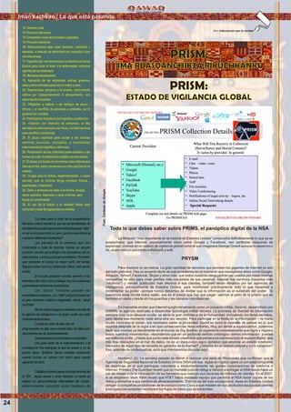 Todo lo que debes saber sobre PRIMS, el panóptico digital de la NSA
La ﬁltración “más importante en la historia de Estados Unidos” comprueba deﬁnitivamente lo que ya se
sospechaba: que Internet, especialmente sitios como Google y Facebook, son perfectas máquinas de
espionaje; vivimos en un estado de vigilancia global como el que imaginara George Orwell aunque lo sepamos o
no, acaso sólo un poco más soﬁsticado y sutil.
PRYSM
Para muchos no es noticia. La gran cantidad de servicios que proveen los gigantes de Internet no son
del todo gratuitos. Hay un acuerdo tácito al cual accedemos en el momento que navegamos sitios como Google,
Amazon, Yahoo!, Facebook, Skype y otros más: que todos nuestros datos podrán ser usados por estas mismas
compañías no sólo para crear perﬁles más completos de sus usuarios, mejorar sus servicios (hacerlos más
“intuitivos”) y vender publicidad más efectiva a sus clientes, también serán minados por las agencias de
inteligencia, principalmente de Estados Unidos, para monitorear prácticamente todo lo que hacemos e
incrementar su poder –porque nunca debemos de olvidar que la información es el substrato del poder. Si
queremos estar donde todos están, ese es el precio que hay que pagar: salimos al patio de la prisión que es
también un oasis y desde ahí los guardias y las cámaras nos observan.
Es imposible olvidar que Internet surgió inicialmente como un proyecto militar,Arpanet, desarrollado por
DARPA, la agencia dedicada a desarrollar tecnología militar secreta. La promesa de libertad de información
siempre tuvo una cláusula oculta: se abría la gran biblioteca de la humanidad, incluyendo los libros secretos,
pero desde ese momento nada sería otra vez secreto. Para participar en la ﬁesta de la información —la mano
oculta mostraba el dulce– era necesario ceder la privacidad (nadie se toma la molestia de pensar en lo que
ocurrirá después de la orgía o en que consecuencias tiene entrarle). Hoy, sin temor a equivocarnos, podemos
decir que vivimos ya literalmente en el mundo de Big Brother, el organismo omniabarcante que vigila y registra
todos nuestros movimientos –recordemos que en un profundo sentido ontológico somos información: puedes
ser reducido a bits. ¿Hasta que punto esta mirada orwelliana que penetra sin barreras todo el espacio digital, que
nos deja desnudos en el mar de datos, no es un inequívoco signo opresivo que anuncia un estado totalitario,
mercedor de algún tipo de revuelta en garantía de la libertad? ¿Vivimos en un estado policial y no lo sabemos?
Eso, además de contextualizar, es lo que intentaremos dilucidar aquí.
Hackers1 (2): La semana pasada se dieron a conocer una serie de ﬁltraciones que conﬁrman que la
Agencia de Seguridad Nacional de Estados Unidos (NSApor sus siglas en inglés) opera un complejo programa
de espionaje en el que participan voluntaria o involuntariamente las grades corporaciones de telefonía e
Internet. Primero The Guardian reveló que un mandato judicial obliga a Verizon a entregar al NSAdesde hace un
par de meses toda la información de las llamadas que realizan sus decenas de millones de clientes. En el 2007,
el ex empleado Mark Klein reveló que AT&T había instalado equipo que permitía al NSA hacer copias de los
datos y enviarlos a sus centros de almacenamiento. Esto no es del todo excepcional, leyes en Estados Unidos
obligan a compañías productoras de tecnología como Cisco a que instalen en sus productos equipo que permita
a las agencias estatales monitorear los ﬂujos de datos que se transmiten.
Por: Informacion por la verdad
PRISM:
ESTADO DE VIGILANCIA GLOBAL
PRISM:
IMA RUASQANCHIKTA RIKUCHKANKU
12.Hambreysed
13.Privacióndelsueño
14Compresióncorporalconpesasyaparatos
15.Privaciónsensorial
16. Medicamentos para crear ilusiones, confusión y
amnesia, a menudo se administra por inyección o por
víaintravenosa
17. Ingestión por vía intravenosa o productos químicos
tóxicos para crear el dolor o la enfermedad, incluidos
agentesdequimioterapia
18.Miembrosdesplazados
19. Aplicación de las serpientes, arañas, gusanos,
ratasyotrosanimalesparainducirmiedoyasco.
20. Experiencias cercanas a la muerte, comúnmente
asﬁxia por atragantamiento o ahogamiento, con
reanimacióninmediata
22. Obligados a realizar o ser testigos de abuso ,
tortura, y el sacriﬁcio de personas y animales, por lo
generalconcuchillos.
23.Participaciónforzadaenpornografíayprostitución
24. Violación con intención de embarazo, el feto
abortado es entonces para uso ritual, o el bebé se toma
parasacriﬁciooesclavitud.
25. El abuso espiritual para causar a las víctimas
sentirse poseídas, acosadas, y controladas
internamenteporespíritusodemonios
26. Profanación de las creencias judeo-cristiana y las
formasdeculto,ladedicaciónaSatánoaotrosdioses
27.Elabusoylailusióndeconvenceralasvíctimasque
Dioseselmal,comoconvenceraunniñoqueDiosloha
violado.
28. Cirugía para la tortura, experimentación, o hacer
percibir que la víctima tenga bombas físicas ,
espirituales,oimplantes
29. Daño o amenaza de daño a la familia, amigos,
seres queridos, mascotas y otras víctimas, para
forzar el cumplimiento
30. El uso de la ilusión y la realidad virtual para
confundirycreardivulgacionesnocreíbles.
“La base para el éxito de la programación
Monarca control mental es que las personalidades de
lasdiferentespartesdelapersonalidadllamadas“alter”
no se reconozcan entre sí, pero ¿quién puede tomar el
cuerpoendiferentesmomentos?
Las paredes de la amnesia que son
construidas a base de traumas, forman un escudo
protector secreto que protege a los abusadores de ser
descubiertos, y evita que las personalidades “frontales”
que sostienen el cuerpo la mayor parte del tiempo
lleguenasabercomosusistemade“alters”estásiendo
usada.
El escudo protector secreto permite a los
miembros del culto a vivir y trabajar con otras personas
ypermanecertotalmenteinadvertidos.
Los “alters” frontales pueden ser
maravillosos cristianos , y su “alter” profundo puede ser
el peor monstruo satánico imaginable, efecto “Jekyll
andHide”
Mucho está en juego en mantener secreto de
la agencia de inteligencia o el grupo oculto que está
controlandoelesclavo.
La tasa de éxito de este tipo de
programación es alta, pero cuando falla, los fallos son
descartados por la muerte/asesinato.
Cadatraumaylatorturatieneunpropósito.
Una gran parte de la experimentación y la
investigación fue averiguar lo que se puede y no se
puede hacer. Gráﬁcos fueron creados mostrando
cuanta tortura un cuerpo con tanto peso puede
aguantarsinmorir.
“Debido al trauma grave inducido a través de
la TEC , abuso sexual y otros métodos, la mente se
separa en personalidades alternativas del núcleo.
Anteriormente conocido como trastorno de
Iman kachkan / Lo que esta pasando
24
Foto:CortesiadeGoogle
 