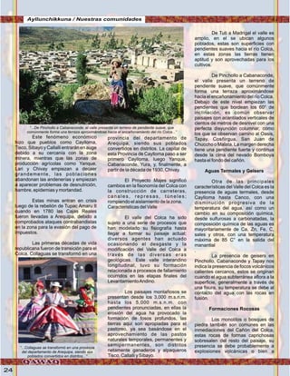 24
Este fenómeno económico
hizo que pueblos como Caylloma,
Tisco, Sibayo y Callalli entrarán en auge
debido a su cercanía con la zona
minera, mientras que las zonas de
producción agrícolas como Yanque,
Lari y Chivay empiezan a decaer
grandemente, las poblaciones
abandonan las andenerías y empiezan
a aparecer problemas de desnutrición,
hambre, epidemias y mortandad.
Estas minas entran en crisis
luego de la rebelión de Tupac Amaru II
cuando en 1780 las Cajas Reales
fueron llevadas a Arequipa, debido a
comprobados ataques contrabandistas
en la zona para la evasión del pago de
impuestos.
Las primeras décadas de vida
republicana fueron de transición para el
Colca, Collaguas se transformó en una
provincia del departamento de
Arequipa, siendo sus poblados
convertidos en distritos. La capital de
esta Provincia de Caylloma paso a ser
primero Caylloma, luego Yanque,
Cabanaconde, Yura, y, finalmente, a
partir de la década de 1930, Chivay.
El Proyecto Majes significó
cambios en la fisonomía del Colca con
la construcción de carreteras,
canales, represas, túneles;
rompiendo el aislamiento de la zona.
Caracteristicas del Valle
El valle del Colca ha sido
sujeto a una serie de procesos que
han modelado su fisiografía hasta
llegar a formar su paisaje actual;
diversos agentes han actuado
ocasionando el desgaste y la
modificación del Valle del Colca a
través de las diversas eras
geológicas. Este valle interandino
longitudinal, tuvo su formación
relacionada a procesos de fallamiento
ocurridos en las etapas finales del
LevantamientoAndino.
Los paisajes montañosos se
presentan desde los 3,000 m.s.n.m.
hasta los 5,000 m.s.n.m. con
pendientes pronunciadas, en ellas la
erosión del agua ha provocado la
formación de fosos profundos, las
tierras aquí son apropiadas para el
pastoreo, ya sea basándose en el
aprovechamiento de las pastos
naturales temporales, permanentes y
semipermanentes, son distritos
netamente ganaderos y alpaqueros
Tisco, Callalli y Sibayo.
De Tuti a Madrigal el valle es
amplio, en el se ubican algunos
poblados, estas son superficies con
pendientes suaves hacia el río Colca,
en estas zonas las tierras tienen
aptitud y son aprovechadas para los
cultivos.
De Pinchollo a Cabanaconde,
el valle presenta un terreno de
pendiente suave, que comúnmente
forma una terraza aproximándose
hacia el encañonamiento del río Colca.
Debajo de este nivel empiezan las
pendientes que bordean los 60° de
inclinación, es común observar
paisajes con acantilados verticales de
cientos de metros de desnivel con una
perfecta disyunción columnar, como
los que se observan camino al Oasis,
Tapay, Cosñirgua, San Juan de
Chuccho o Malata. La margen derecha
tiene una pendiente fuerte y continua
desde la cima del nevado Bomboya
hasta el fondo del cañón.
Aguas Termales y Geisers
Otra de las principales
características del Valle del Colca es la
presencia de aguas termales, desde
Caylloma hasta Canco, con una
disminución progresiva de la
temperatura del agua, así como un
cambio en su composición química,
desde sulfurosas a carbonatadas, la
composición química de las aguas es
mayoritariamente de Ca, Zn, Fe, C,
sales y otros, con una temperatura
máxima de 85 C° en la salida del
manantial
.
La presencia de geisers en
Pinchollo, Cabanaconde y Tapay nos
indica la presencia de focos volcánicos
calientes cercanos, estos se originan
cuando el agua subterránea aflora a la
superficie, generalmente a través de
una fisura, su temperatura se debe al
contacto del agua con las rocas en
fusión.
Formaciones Rocosas
Los monolitos o bosques de
piedra también son comunes en las
inmediaciones del Cañón del Colca,
estas rocas de formas caprichosas
sobresalen del resto del paisaje, su
presencia se debe probablemente a
explosiones volcánicas o bien a
“...De Pinchollo a Cabanaconde, el valle presenta un terreno de pendiente suave, que
comúnmente forma una terraza aproximándose hacia el encañonamiento del río Colca...”
“...Collaguas se transformó en una provincia
del departamento de Arequipa, siendo sus
poblados convertidos en distritos...”
Ayllunchikkuna / Nuestras comunidades
Foto:cortesíadeGoogle
Foto:cortesíadeGoogle
 