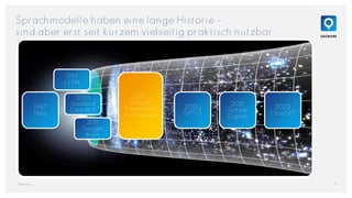 Sprachmodelle haben eine lange Historie –
sind aber erst seit kurzem vielseitig praktisch nutzbar
4
QAware
1967
Eliza
1997
LSTM
2010
Stanford
Core NLP
2011
Google
Brain
2017
Google
Transformer
Architecture
2020
GPT-3
2021
GitHub
Copilot
2022
ChatGPT
 